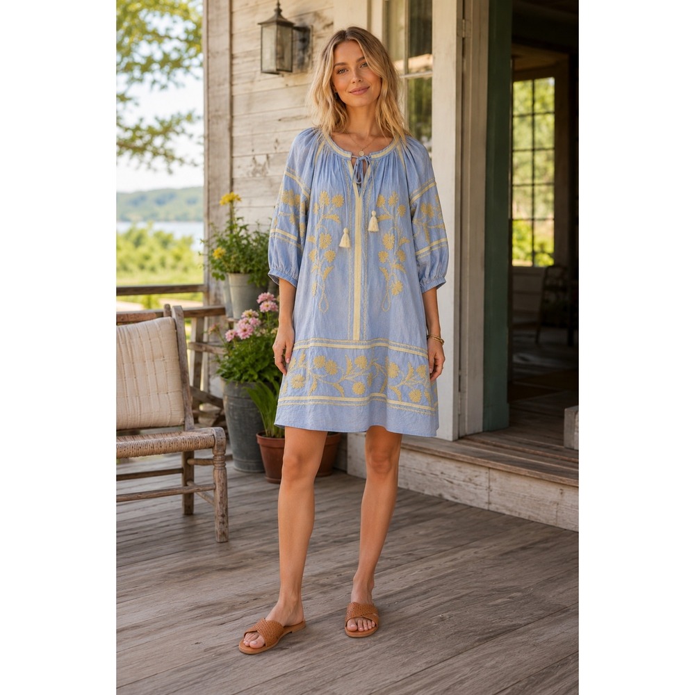 Rose & Rose Chiswick Dress Womens XS Blue NEW Rope Embroidered Boho Tassel